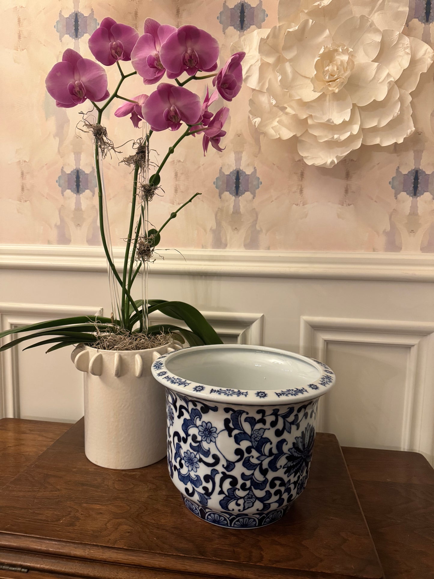 Blue and white planter